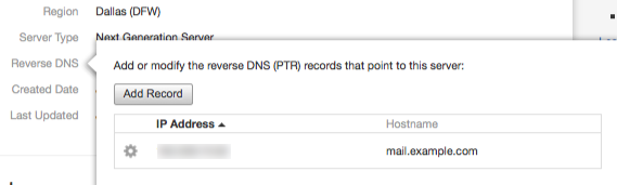 After adding a reverse DNS record to a server, click 1 Record to confirm the association between the domain name and the server's IP address.